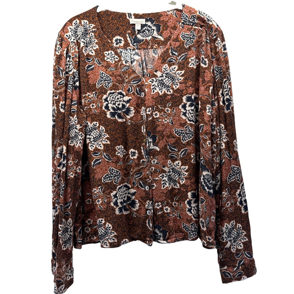 Garnet Hill Women's Top Size Large Long Sleeve Brown Floral Button Up V Neck